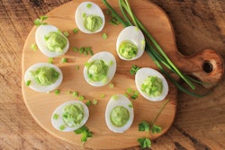 Another holiday-appropriate appetizer from Elegant Affairs is the Rumpelstiltskin Deviled Eggs. The dish features a mix of egg yolk, avocado, lemon juice, mayonnaise, mustard, and Franks Hot Sauce presented in hardboiled eggs.