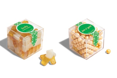 Candy company Sugarfina has a dedicated St. Patrick’s Day line packaged in lucite cubes that cost $7.50 each. The Lucky Pints o’ Beer (left) are beer-shaped gummies with a citrus flavor, while the Pot o’ Gold Pearls are chocolate droplets in gold candy shells.