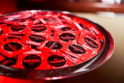 Bowls of condoms affixed with a Diesel sticker not only promoted safe sex, but also offered attendees an opportunity to claim a prize at their local Diesel store. Prizes ranged from a 20 percent discount on a variety of items to shopping sprees of $250 to $1,000.