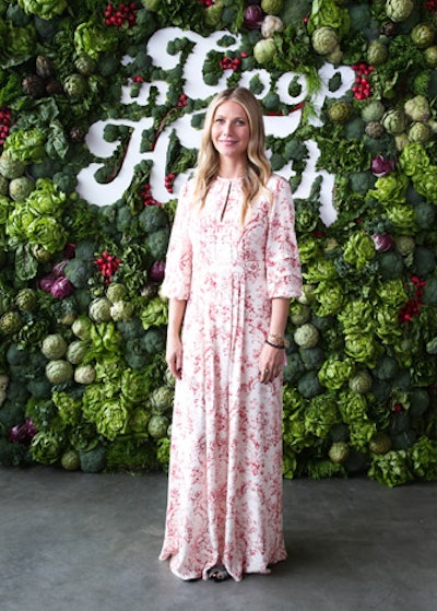 The inaugural In Goop Health event took place in June 2017 in Culver City, California. A unique step-and-repeat embraced the day’s healthy theme: It was made of vegetables including lettuce, artichoke, radicchio, radish, red chard, broccoli, broccoflower, mini romaine, and wheat grass. The wall was created by floral designer Eric Buterbaugh.