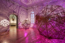 The duo of artists known as Hybycozo: the Hyperspace Bypass Construction Zone created steel sculptures that made intricate patterns on the Renwick's walls.