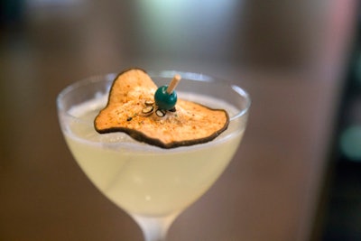 “This is a French 75 riff using pear brandy. We dehydrate as much of the fruit as possible, while using the odds and ends of the fruit to make preserves. In this way, we are able to have beautiful pear flavors for as long we have these preserves, extending the life of the fruit beyond its regular season,” explains Claire Sprouse of the Tin Roof Drink Community about the Lucky Bounce cocktail, which is made of pear brandy, cinnamon-pear preserves, lemon, and cava. Sprouse, along with Chad Arnholt, offer consulting services on sustainability for the catering, events, beverage, and hospitality industries.