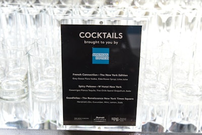 In the cocktail area, a bar served American Express-sponsored cocktails that can be found at three New York hotels—the New York Edition, W Hotel New York, and the Renaissance New York Times Square.