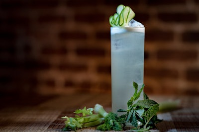 The Mother Earth Pepino is made with Patron Silver tequila that's been infused with leftover herbs, along with pressed cucumber juice, simple syrup, lime juice, and soda water.