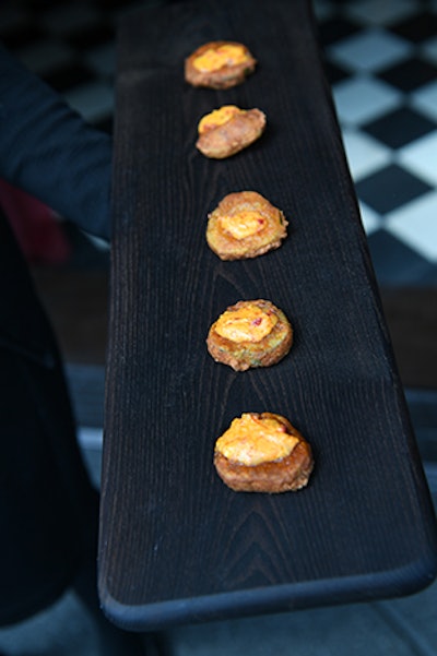 Fried pickles with pimento cheese were part of the southern-inspired menu from the hotel's catering team. Other passed hors d’oeuvres included shrimp and grits, crab cakes with smoked pepper aioli, deviled eggs, and buttermilk biscuits with spicy honey butter.
