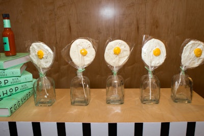 The Egg House partnered with local vendors including Egg Shop, a popular Lower East Side brunch spot. One of its confections is an white chocolate egg-shape lollipop.