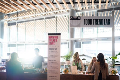An area called the Food Trend Lab offered samples of plant-based foods and various juices and elixirs. On the menu: puffed lily pad seeds from Lily Puffs; banana milk smoothies from Moola; kombucha floats from Betterwith; and plant-based cheese by Blue Heron.