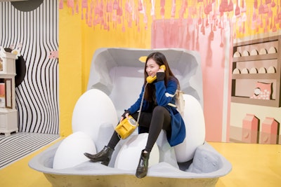 One of the most popular photo ops at the pop-up is a life-size egg carton. Guests can pose with giant 'eggs' in the carton, both of which were made with foam covered in layers of hard coating.