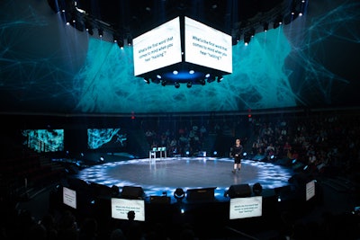 The 1,400-seat tent was designed so that no spectator sat more than 13 rows from the circular stage. Presentations from speakers, including former Army intelligence analyst and whistleblower Chelsea Manning, were enhanced with 360-degree surround video projections and sound.