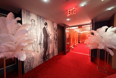 One of three on-site party spaces custom-created for the bicentennial celebration, Dizzy's Coca-Cola, which opened about 30 minutes into the party, was designed to be a hideaway speakeasy. Metallic curtains and feather plume trees lined the entrance into the club, which provided guests with an ideal backdrop for social media.