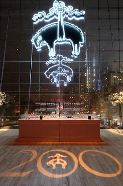 A show-stopping 11-foot neon Golden Fleece sheep was suspended over the dance floor in the Appel space. Deejayed by Mad Marj, the logo illuminated the loft-like space as well as the street below via the 25-foot floor-to-ceiling windows, while a gobo projected the brand's '200' on the dance floor.