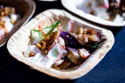 Chef Thai Dang of the HaiSous Vietnamese Kitchen in Chicago served baby octopus with confit eggplant, Vietnamese herbs, and coconut cream. The dish was presented by Choose Chicago and Illinois Restaurant Association.