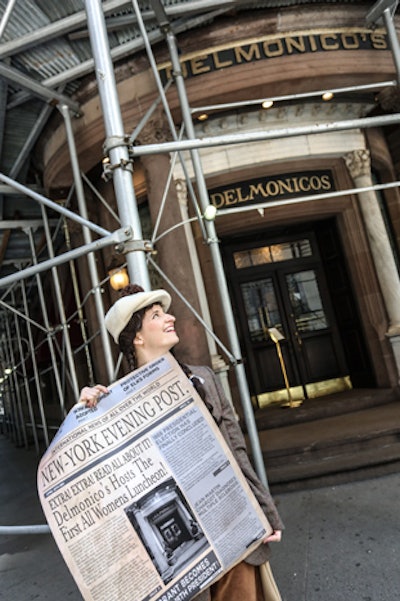 A female newsie shares the news about Delmonico's welcoming women for a luncheon 150 years ago. The entertainer posed for photos from passersby, providing a public element to the private event.
