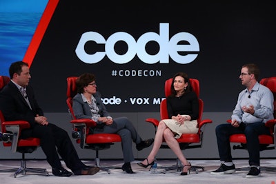 Recode editors interviewed prominent figures in the tech and media industry throughout the three-day event. From left: Peter Kafka, executive editor of Recode; Kara Swisher, editor at large of Recode; Sheryl Sandberg, C.O.O. of Facebook; and Mike Schroepfer, C.T.O. of Facebook.