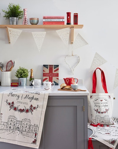 Victoria Eggs, a homewares and gifts brand in the U.K., created a limited-edition line of products for the royal wedding that includes aprons, tea towels, mugs, and a tote bag, all of which could be used as on-theme party favors as well as decor. The items are available on victoriaeggs.com, which ships internationally, and on Amazon Prime starting May 11. Prices start around $16.