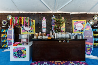Since the award statue for Fox's Teen Choice Awards is a life-size surfboard, variations of the emblem always feature prominently throughout the event’s decor. Inside the V.I.P. tent at the 2015 show, colorful boards branded with sponsor names popped up throughout the space.