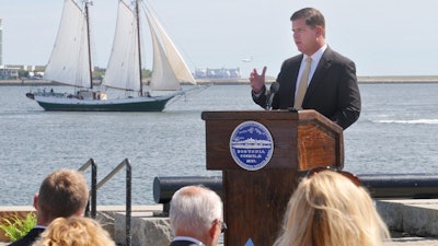 Boston Mayor Marty Walsh speaking during an event at Long Wharf