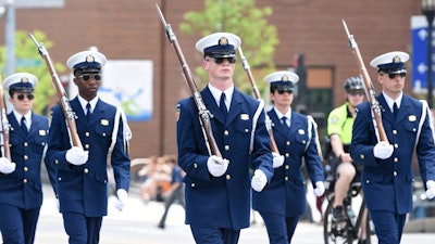 The Unites States Coast Guard Silent Drill Team in formation