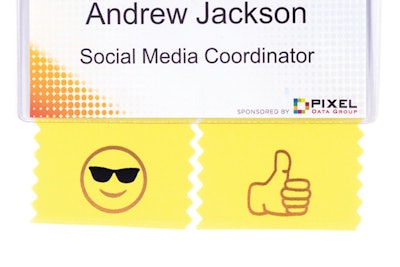 Another way to let guests express their personalities is through badge ribbons, which hang at the bottom of the badge. While ribbons often are used to designate event roles—speaker, alumni, etc.—they can also be used to break the ice. PC/Nametag offers seven themed “fun packs” of ribbons that can be customized with items such as emoji.