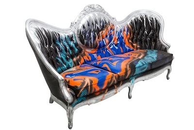 FormDecor’s Rapper’s Delight collection features a vintage Victorian sofa with chrome-painted legs and a frame that’s decorated with colorful graffiti. Other items include a coffee table with an aluminum-cast base repurposed from an aircraft that has a round glass top painted with graffiti, as well as a lounge chair that’s done in a similar style as the sofa. Video: Watch how this sofa was made.
