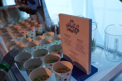 One evening event featured a cereal station as an out-of-the-box dessert.
