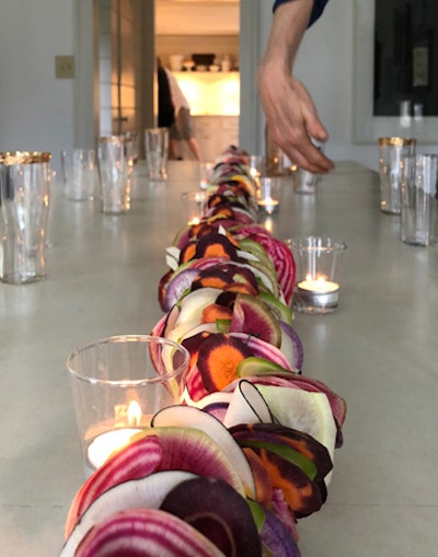 For a private launch party of a new retailer, Jernow created decorative, edible art using thin slices of colorful beets running down the center of the bar.