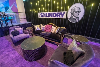The decor for a lounge for new music hall The Soundry in Columbia, Maryland, from the team between D.C.’s The Hamilton Live, incorporated bright purple shades.