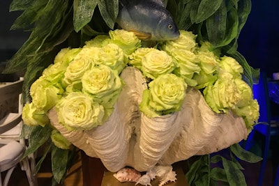 The Santa Barbara channel area of the Mission Creek Gala also incorporated ocean elements, with large shells used as floral vases. Hogue & Co handled the evening’s floral design.