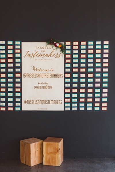 For Be Inspired PR’s Tassels and Tastemakers networking event, held in Los Angeles in 2016, name badges added to the event’s simple yet upscale design. The multicolored tags, which simply listed attendees’ first name and social-media handle, were displayed on a wall designed by Couture Events.