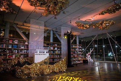 For the Whitney Art Party in New York in November, the designer worked with event design shop Tinsel Experiential Design to create oversize gold crinkled Mylar installations around the event space.