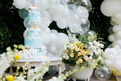 Next to the bathtub was an eye-catching blue cake, which was topped with more bubbles, rubber ducks, and the words 'splish splash.' On the top was a rubber duck taking a bath.