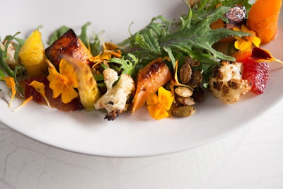 Baby kale and blood orange salad with charred cauliflower, heirloom carrots, and golden raisin vinaigrette, by Schaffer in Los Angeles.