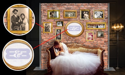 A wall filled with generations of family wedding photos surrounded the logo we designed for the event.