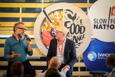 “Ugly or overripe is just an opportunity to do something different. It’s an opportunity to explore new territory [in the kitchen],” said chef Massimo Bottura (left) of Osteria Francescana in Moderna, Italy. A panelist at the “Waste Not, Want Not” summit, Bottura discussed his role in the elimination process.