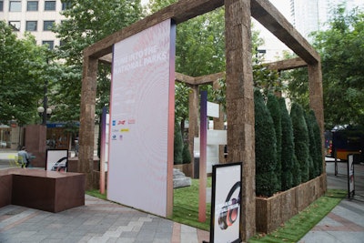 This past weekend in Seattle, the foundation hosted a woodsy pop-up space that included a bark-covered structure, faux grass, and touches of nature.