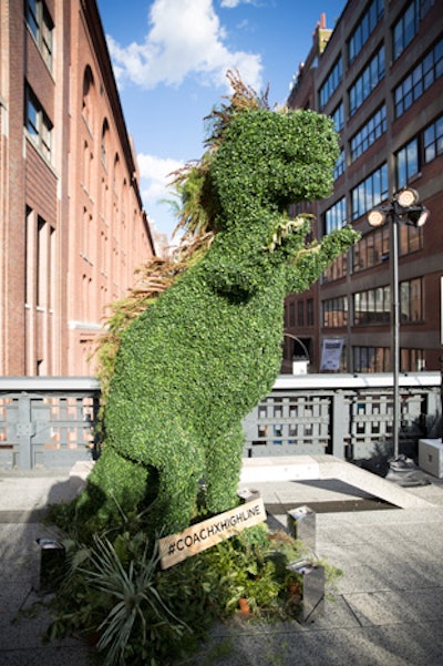 In June 2016 in New York, the Friends of the High Line’s Summer Party was underwritten by Coach and featured plenty of on-theme brand integration. A total of four dinosaur topiaries, ranging from five to nine feet tall, were peppered throughout the event as a playful nod to Coach's dino mascot, Rexy. Not only were they event centerpieces, they also served as popular selfie photo spots.