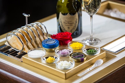 At the Vol. 39 restaurant in the Kimpton Gray Hotel in Chicago, groups can enjoy a decadent tasting with “Caviar 101.” During this class, guests learn about the differences between the four varieties of caviar the restaurant offers. The tasting lesson is served with the traditional accoutrements such as sour cream, fresh herbs, chopped onions, and hard-boiled eggs.