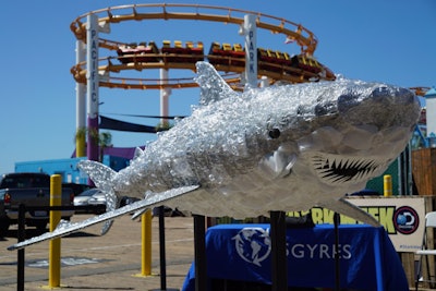 A tiger shark was constructed from plastic bottles.