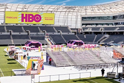 HBO's inaugural Insecure Fest took over the Banc of California Stadium, a new 22,000-seat space in Exposition Park that opened in April. The day featured large-scale, colorful signage.
