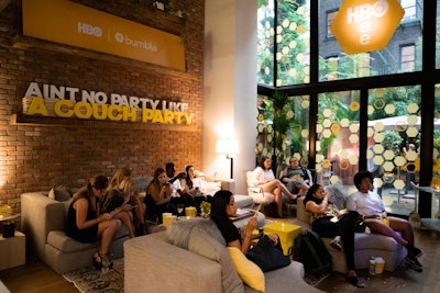 HBO and Bumble branding was displayed throughout the space in Bumble’s signature yellow and white coverage. Guests watched The Devil Wears Prada in a living room featuring decor that included 3-D block letters.
