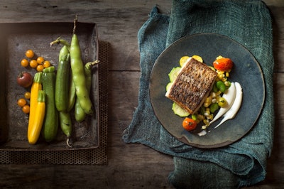 Pan Roasted Wild Striped Sea Bass with Sweet Corn Succotash and Market Squash.