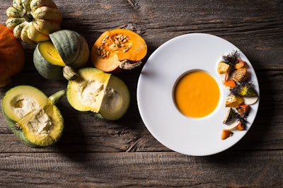 Roasted Kabucha Squash Soup, Purple Mustard Greens & Seville Orange