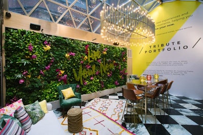 For a June 2017 press event in New York, Marriott worked with BMF Media to create a series of vignette’s showcasing the company’s various brands. In the Tribute Portfolio section, a vertical garden featured a topiary shaped into the slogan 'Live Your Now.'