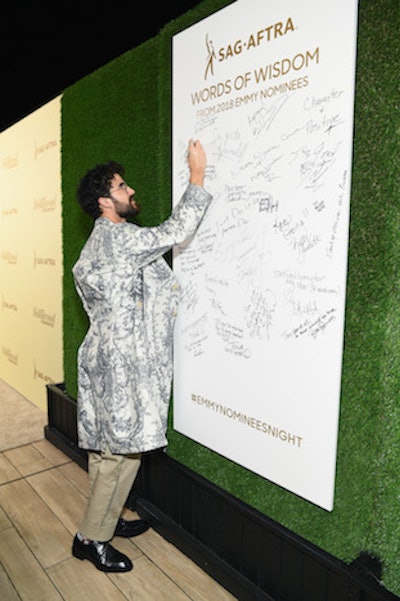 The Hollywood Reporter and SAG-AFTRA teamed up to host an Emmys party earlier this month in Beverly Hills. Emmy nominees such as Darren Criss (pictured) were asked to write words of advice and wisdom for their peers, which were displayed by the red carpet.