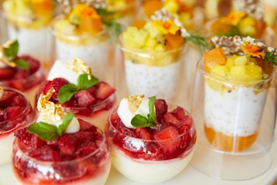 Mini jars filled with Harry’s Berries strawberry shortcake (left) and vegan coconut chia seed tapioca (right)