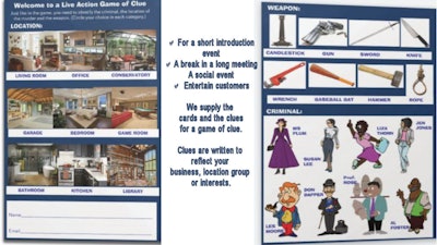 Clue game is a quick and fun ice breaker or meeting break. Clues are written around your business. Cards are supplied.