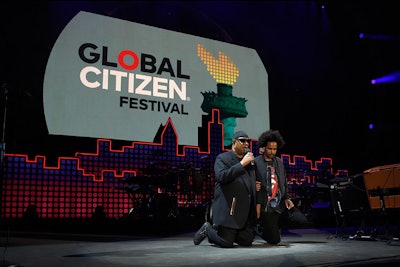 Stevie Wonder and Kwame Morris at the 2017 Global Citizen Festival in Central Park in New York.