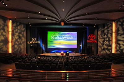 The stage of the Steven J. Ross Theater, a 516-seat, state-of-the-art theater can be custom designed to fit the e vent. Here, it was decorated for the year the Environmental Media Awards were held indoors.