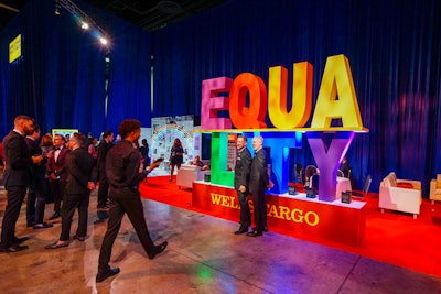 A lounge from sponsor Wells Fargo included an Instagram-friendly photo op in colorful, oversize letters that spelled out 'equality.' Walton Isaacson created the activation concept and design, and Advanced Party Rentals produced it.