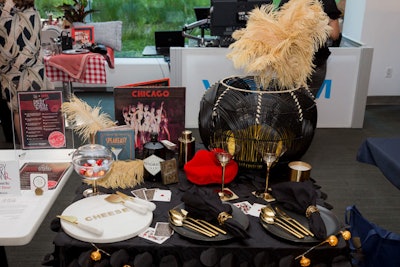 NPZ Style & Decor took inspiration from Chicago The Musical by presenting a 1920s Prohibition-theme basket. The basket was handwoven with French gold vintage thread and decorated with feathers, a red lips mini sofa inspired by Mae West, and the original 1975 musical vinyl with Chita Rivera and Gwen Verdon. Additional items included gold ombre martini glasses, two black ceramic dinnerware sets with brass flatware, a brass cocktail shaker, and a Prohibition era cocktail book.